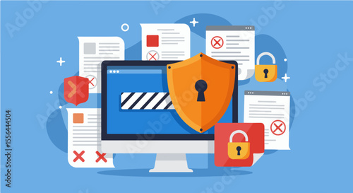 Digital Security and Data Protection during Loading/Processing. Digital security illustration with a shield protecting a monitor's loading screen amidst secure and compromised files.