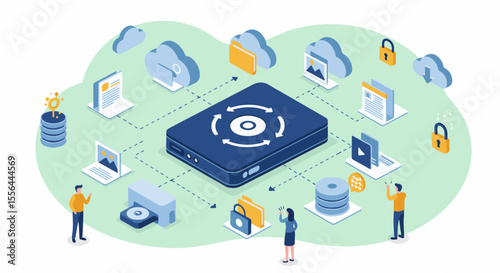 Comprehensive Data Storage, Management & Cloud Computing Ecosystem. Isometric illustration of a data storage ecosystem with a hard drive, cloud, documents, and interacting figures.