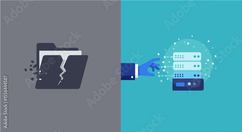 Data Loss and Data Recovery / Server Management Concept. Illustration contrasting data loss (broken folder) with data recovery/management (hand on servers).
