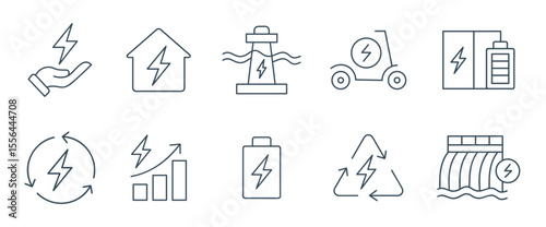 Renewable Energy and Power Generation Line Icons Set - Sustainable Electricity and Eco-Friendly Vector Outline Symbols Illustration