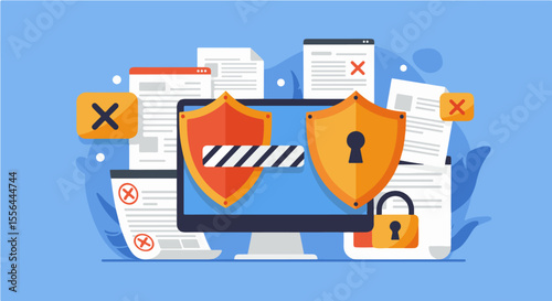 Digital Security and Data Protection during Loading/Processing. Digital security illustration with a shield protecting a monitor's loading screen amidst secure and compromised files.