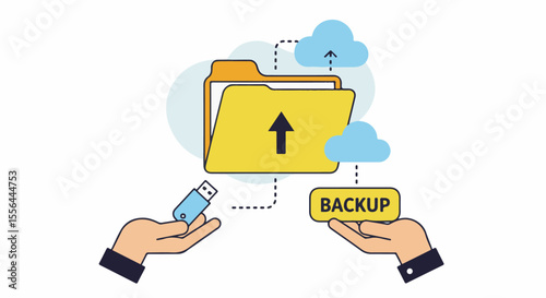 Data Backup, Cloud Storage & File Synchronization Concept. Illustration of data backup and cloud storage using a folder, USB, and cloud icons.