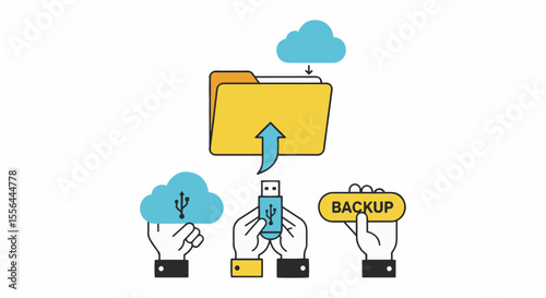 Data Backup, Cloud Storage & File Synchronization Concept. Illustration of data backup and cloud storage using a folder, USB, and cloud icons.