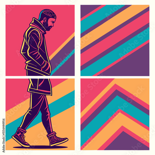 Stylish Man Walking in Vibrant Retro Style