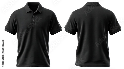 Isolated image of a black polo T-shirt, front and rear perspectives shown side-by-side on a transparent background