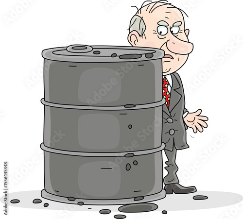 Worried businessman hiding behind a barrel of gasoline and hopping for higher oil prices, vector cartoon illustration on a white background