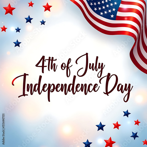 4th of July Independence Day Text Banner with USA Flag, Stars and other elements in Creative Styles