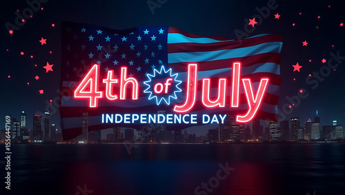 4th of July Independence Day Text Banner with USA Flag, Stars and other elements in Creative Styles
