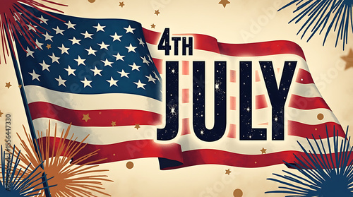 4th of July Independence Day Text Banner with USA Flag, Stars and other elements in Creative Styles