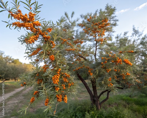 Sea buckthorn tree full of orange berries in nature