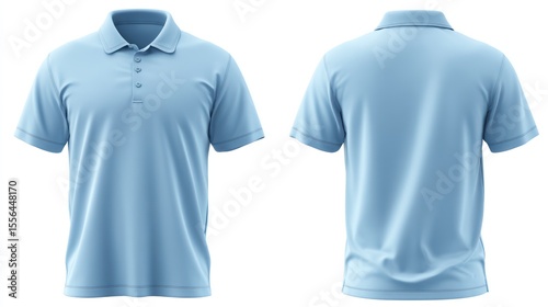 Isolated images of a light blue polo shirt with embroidered logo area (blank), front and back views, on transparent background, highlighting placement for customization