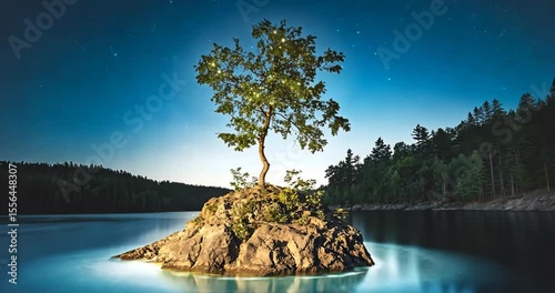 A solitary tree glows on a small rocky island in a calm lake at night, surrounded by a serene forest under a starry sky.