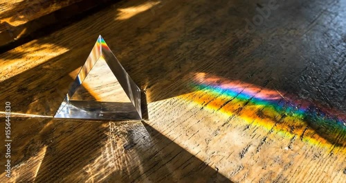 Sunlight refracts through a glass prism, creating a rainbow spectrum on a wooden table.
