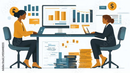 Two Businesswomen Collaborating on Financial Data