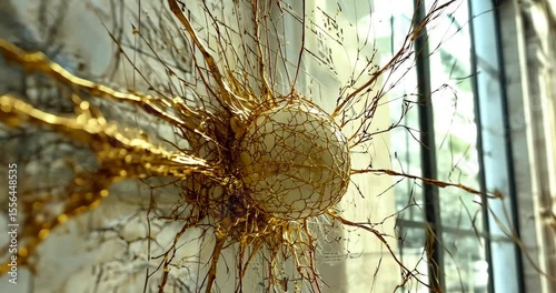 A golden sphere explodes outward, connected by intricate wires, creating a dynamic and artistic display.