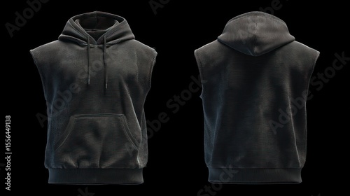 Isolated images of a sleeveless hoodie, front and back views, on clear background, emphasizing hood design and pocket placement, high-detail rendering