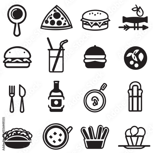 Collection of stylized black and white food and drink icons arranged in a grid
