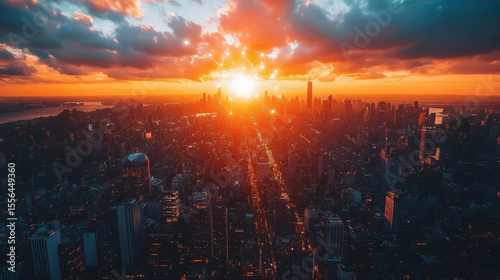 Vibrant Sunset Over New York City Skyline Aerial View