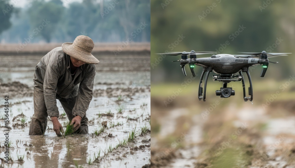 Naklejka premium Contrast of Agrarian Tradition and Modern Technology in Agricultural Practices