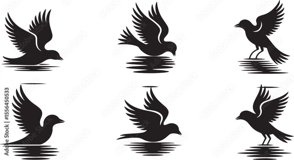 Obraz premium Seagull Silhouette Vector Set with Ocean Waves – Nautical and Coastal Design Elements for Marine-Themed Art and Decor