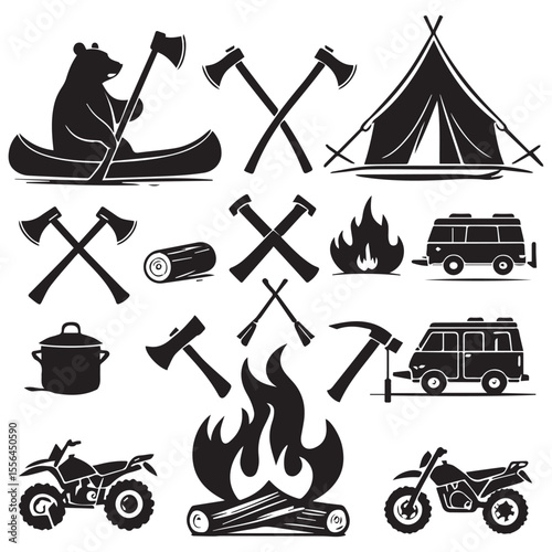Collection of black silhouette icons representing camping and outdoor adventure activities and equipment