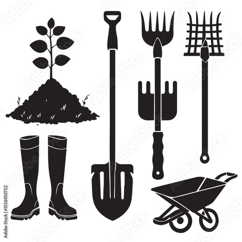 Collection of black silhouette gardening tools and a seedling with boots and a wheelbarrow