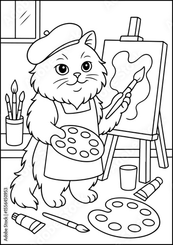The painting depicts a fluffy Persian cat wearing a beret and apron, being painted on a large canvas in a cozy art studio, surrounded by brushes, an easel, and a palette.