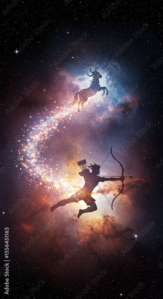 Naklejka premium Sagittarius Zodiac Archer and Centaur. A silhouette of the Sagittarius archer shoots a bow, with its energy forming a celestial centaur in a cosmic nebula, symbolizing freedom. 