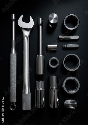 Arrangement of various metallic repair tools showcasing mechanical parts on a dark surface