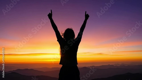Silhouette with raised arms against colorful sunset sky mountain view