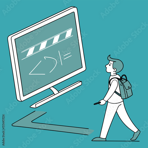Boy with backpack looking at computer screen learning