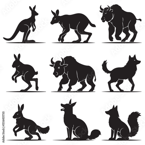 Collection of black animal silhouettes including kangaroos bison and dogs in various poses