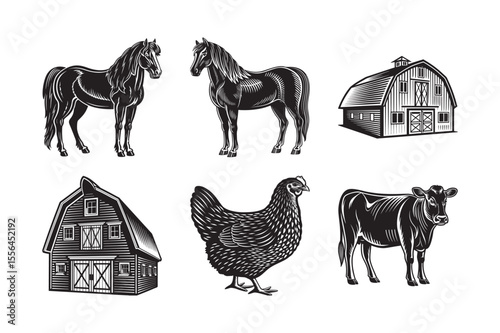 silhouette of horse hen cow and home crop farming bundle on the white background