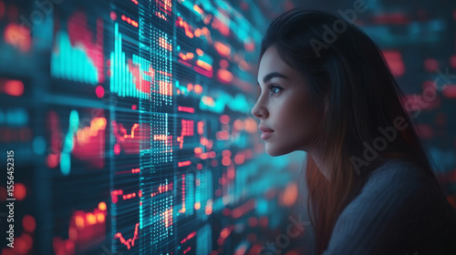 Young Woman Gazing At Colorful Digital Data Wall