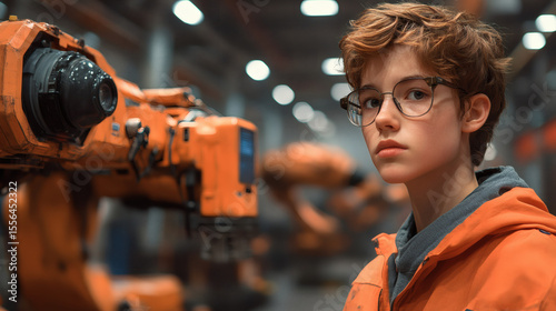 Young Person Focused In Front Of Robotic Arms In Factory