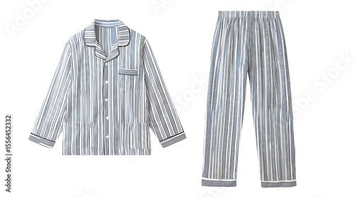 Men's striped pajama set, front and back views, laid flat, white background, classic pattern, clean lines