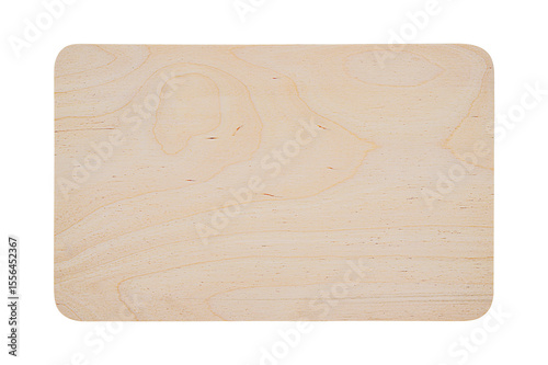 Top surface of the wooden cutting board with characteristic lines of birch plywood longitudinal section isolated on white background. Blank for artworks kitchen, countertop theme, copy space for ads