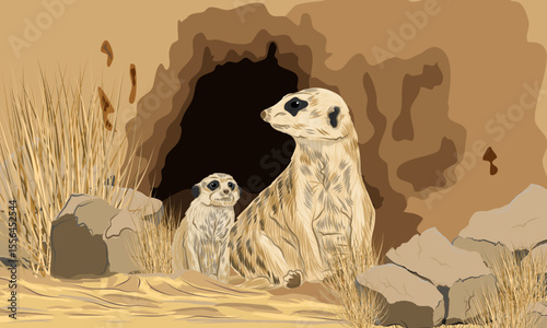 Meerkat and her cub sitting on the sand near the entrance to the burrow. Realistic vector landscape