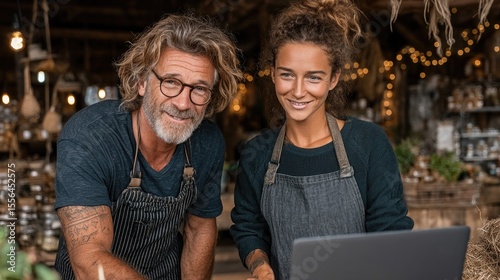 Smiling Cafe Owners Consult with Financial Advisor in Rustic Shop