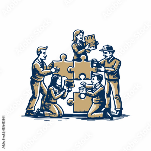 Hand drawn group of people assembling a puzzle together image. Flat image isolated on white background. Vector illustration.