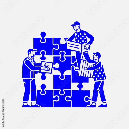 Group of people assembling a puzzle together image. Simple flat illustration on a white background. Vector graphic.