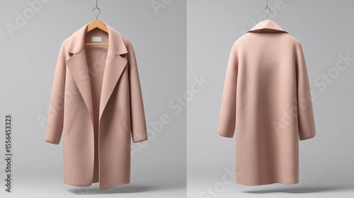 Minimalist wool blend coat shown in front and back views, clean lighting, perfect for digital templates