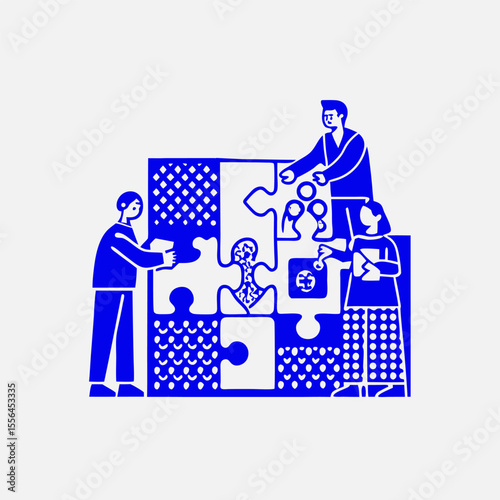 Group of people assembling a puzzle together image. Simple flat illustration on a white background. Vector graphic.