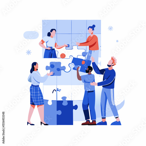 Group of people assembling a puzzle together. Flat style. Vector illustration.