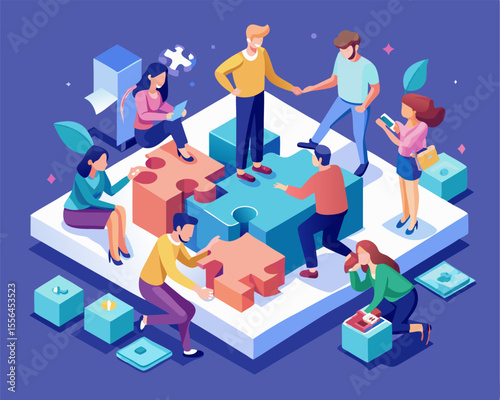 Group of people assembling a puzzle together image. Isometric style. Vector illustration.