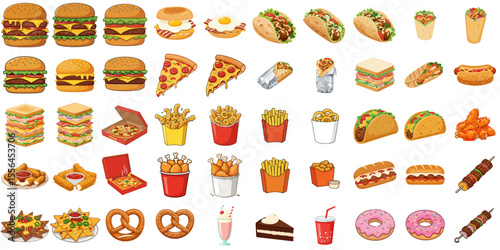 A colorful and modern set of 50 fast food vector icons: burgers, pizza, fries, soda, milkshake, donuts, tacos. Great for restaurant branding, food delivery apps, menus, packaging, websites, food blogs