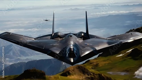 B-2 Spirit bomber sweeps over a dust-filled valley, its shadow military jet fighter fading into rock as it surveys hidden missile threats.