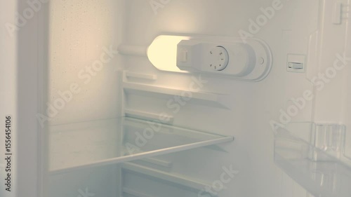 Man Hand Opens an Empty Fridge Door Looking Inside for Fresh Food and Drink. Empty Fridge, Food Crisis Concept.