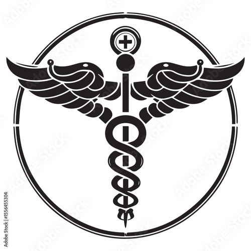 Stylized black and white caduceus medical symbol with wings and cross inside a circle