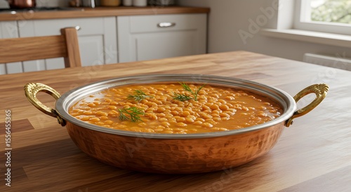 A copper bowl of mercimek çorbası with red lentils on a kitchen table